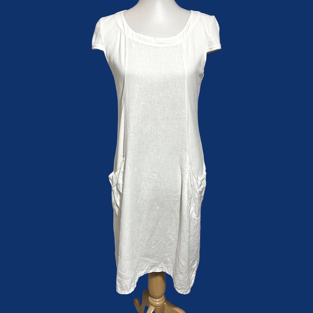 Luna Luz Dress Womens Medium White Linen Sheath Minimalist Spring Summer Cruise